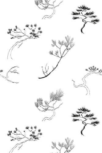 Monochrome pine trees by Fancy Walls peel and stick wallpaper with black and white Japanese branches for modern zen interiors