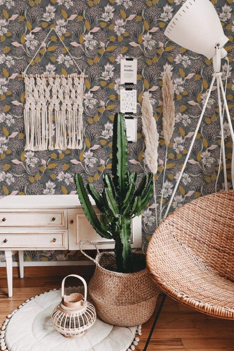 A dark floral wallpaper pattern in a living room