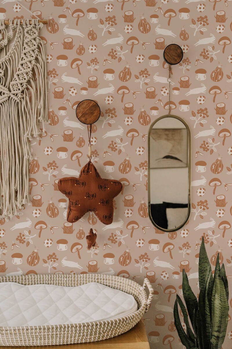 Fancy Walls self-adhesive wallpaper featuring brown woodland elements with mushrooms and leaves