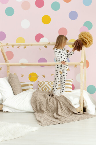 Candy Pastel Polka Dots peel and stick wallpaper with pastel confetti dots and gentle tones, perfect for kids room décor