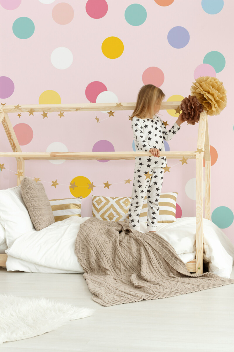 Candy Pastel Polka Dots peel and stick wallpaper with pastel confetti dots and gentle tones, perfect for kids room décor