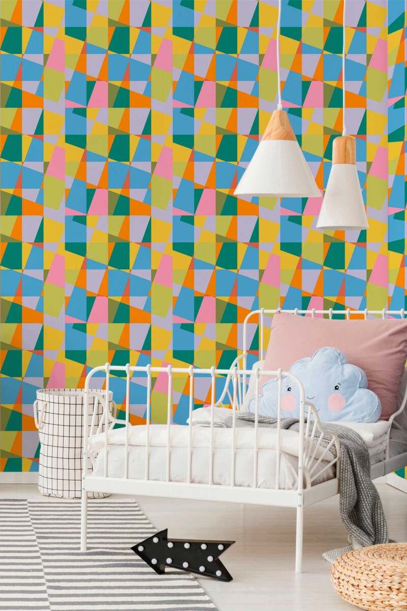 Fancy Walls self-adhesive wallpaper featuring colorful geometric pattern in a modern teen style