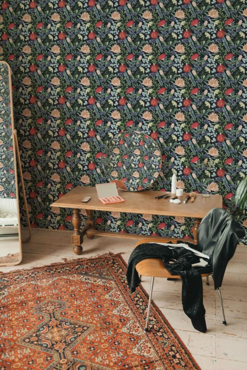 Dark floral flower pattern in a living room