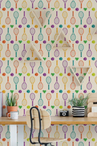 Colorful Tennis Wallpaper traditional non-pasted wallpaper with playful tennis icons and bold colors, perfect for fun interior spaces