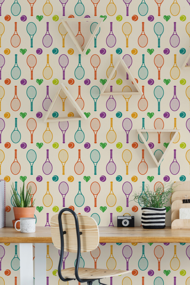Colorful Tennis Wallpaper traditional non-pasted wallpaper with playful tennis icons and bold colors, perfect for fun interior spaces