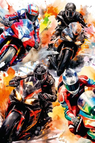 Abstract Moto Racing wallpaper mural with four sportbike riders in bold watercolor splashes across a full-wall composition.