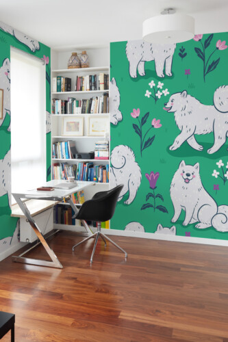 Cute Samoyed Garden traditional non-pasted wall mural featuring happy Samoyed dogs and flowers, ideal for playful kids room