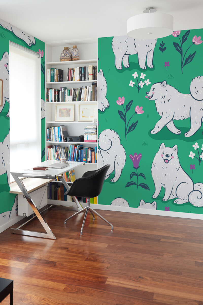 Cute Samoyed Garden traditional non-pasted wall mural featuring happy Samoyed dogs and flowers, ideal for playful kids room