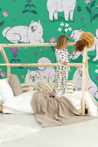 Cute Samoyed Garden peel and stick wall mural with playful white dogs and floral meadow, perfect for kids room décor