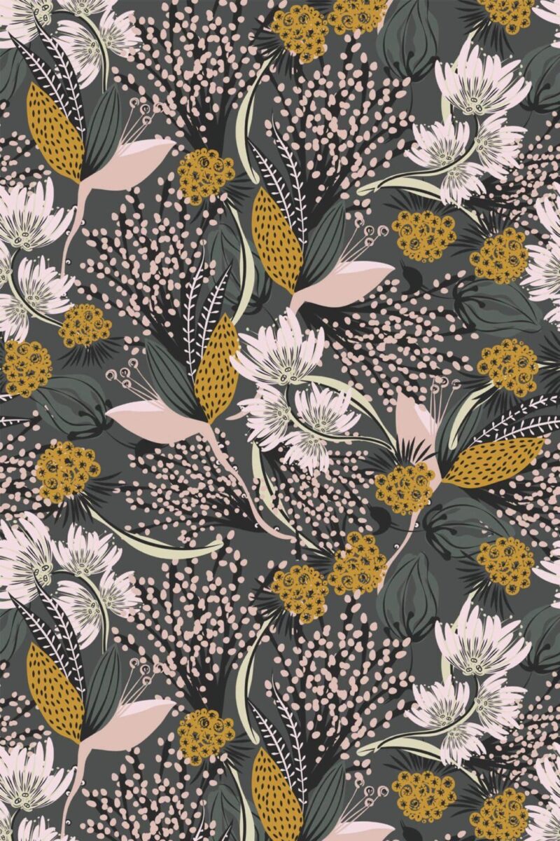 A dark floral wallpaper pattern featuring mustard yellow blooms and sage green leaves.