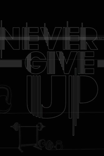 Never Give Up Gym removable wallpaper mural with bold outlined “NEVER GIVE UP” text over a dark background and barbell line art.