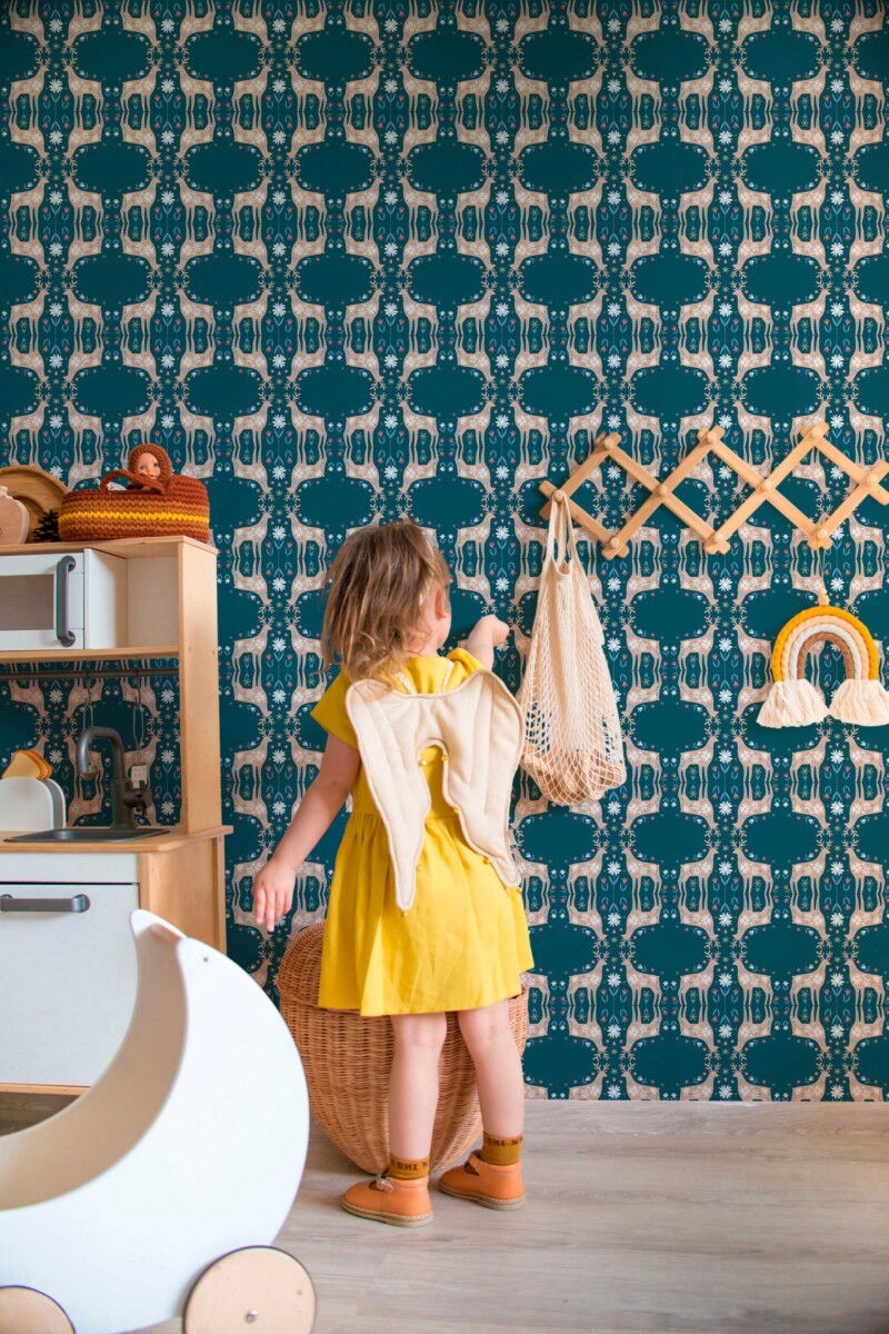 Woodland Deer by Fancy Walls peel and stick wallpaper in deep teal with ornate forest stag pattern for statement walls