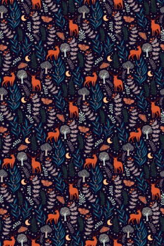 Fancy Walls wallpaper for walls with dense whimsical woodland in deep blue palette