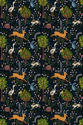 Fancy Walls wallpaper for walls with rich woodland animals and foliage in dark blue palette