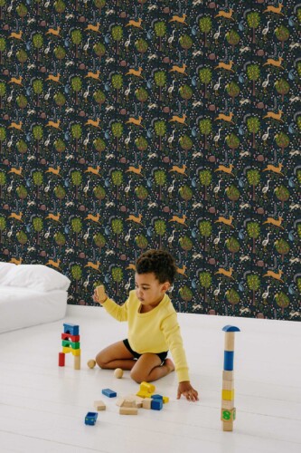 Whimsical Woodland by Fancy Walls peel and stick wallpaper in deep blue with detailed forest animals for immersive bedrooms