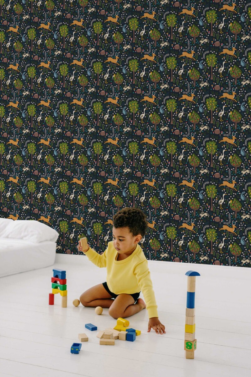 Whimsical Woodland by Fancy Walls peel and stick wallpaper in deep blue with detailed forest animals for immersive bedrooms