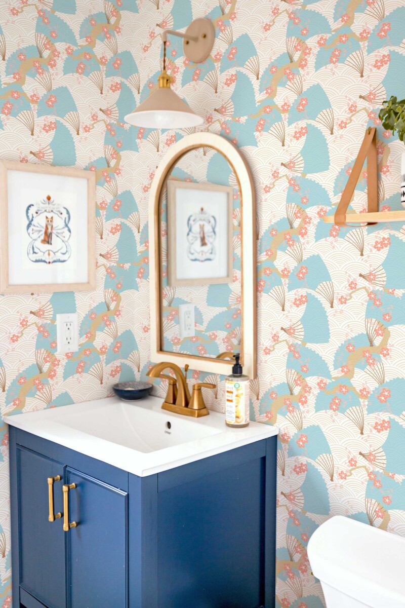 Japanese Fan by Fancy Walls peel and stick wallpaper in beige with delicate floral and wave motifs for elegant bedrooms