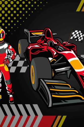 Red Formula Racing wall mural with a red formula car, checkered flag, and racing driver on a dark graphic background.