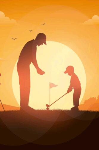 Sunset Family Golf custom wall mural with silhouetted adult teaching a child to putt in front of a glowing sun.