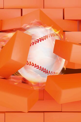 Baseball Breakthrough removable wallpaper mural showing a flaming baseball bursting through orange brick blocks on a full-wall backdrop.