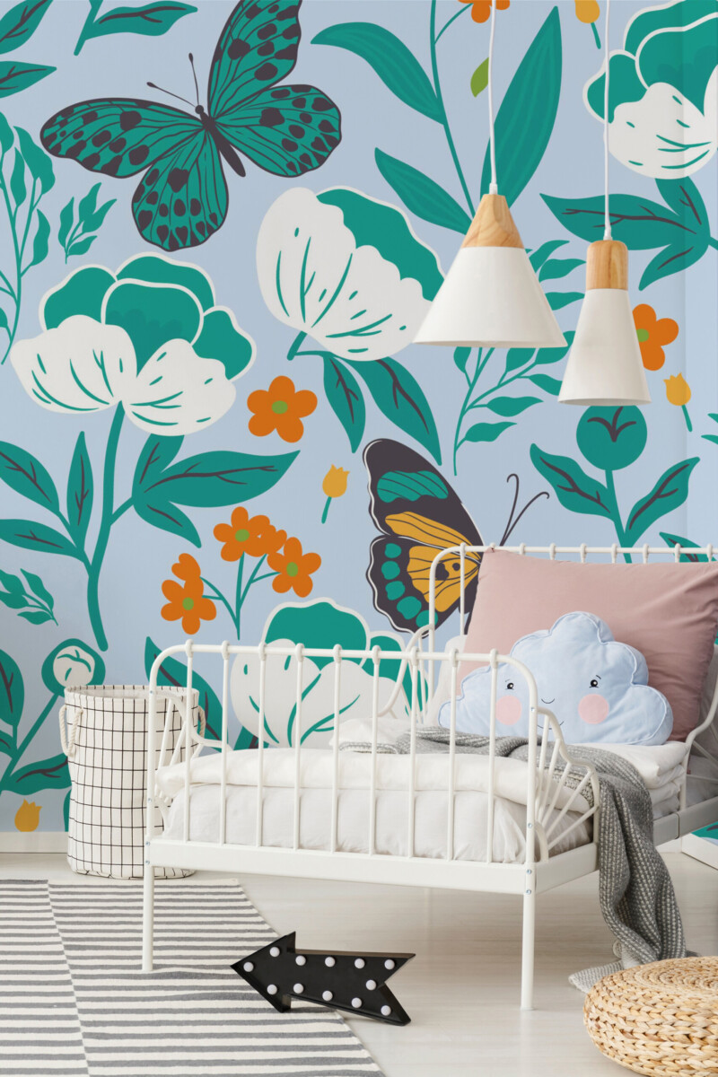 Floral Butterfly Bliss peel and stick wallpaper with colorful butterflies and floral design, perfect for botanical bedroom style