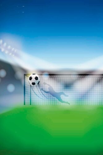 Football Goalkeeper Save wallpaper mural showing a ball hitting the net with a diving keeper silhouette over a green pitch.