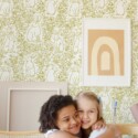 Whimsical Rabbit by Fancy Walls peel and stick wallpaper in soft green with woodland animals for playful nurseries