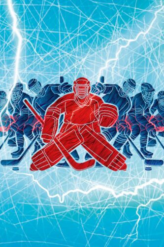 Electric Ice Hockey removable wallpaper mural with a red goalie and blue players sketched over an icy blue background with streaking lines.
