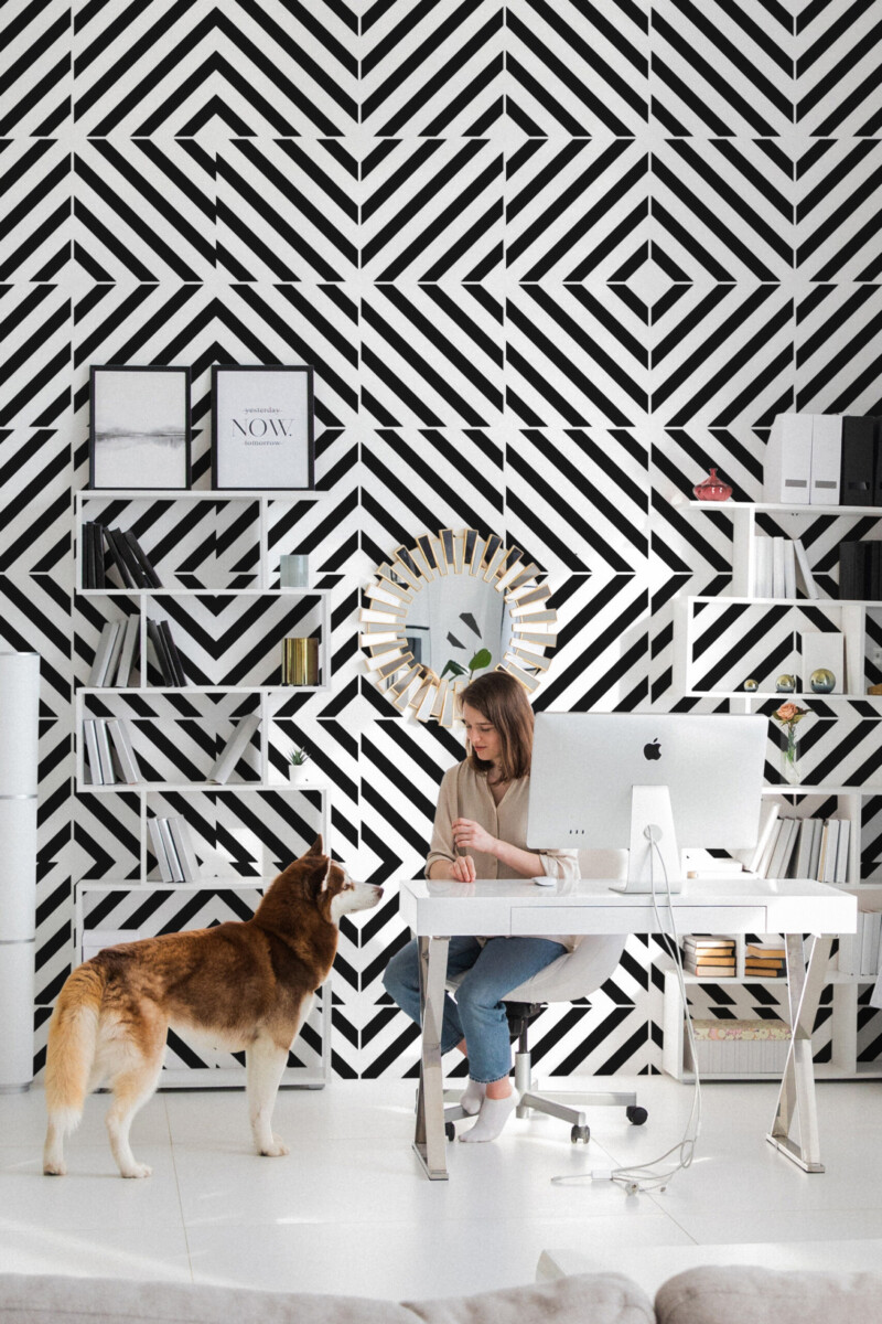 Hypnotic 3D Tiles traditional non-pasted wall mural featuring distorted geometric tile pattern, adding modern style to home office