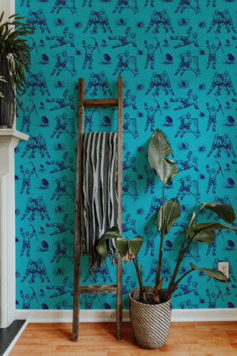 Ice Hockey Action peel and stick wallpaper with sketched hockey players and motion lines, great for kids room or playroom