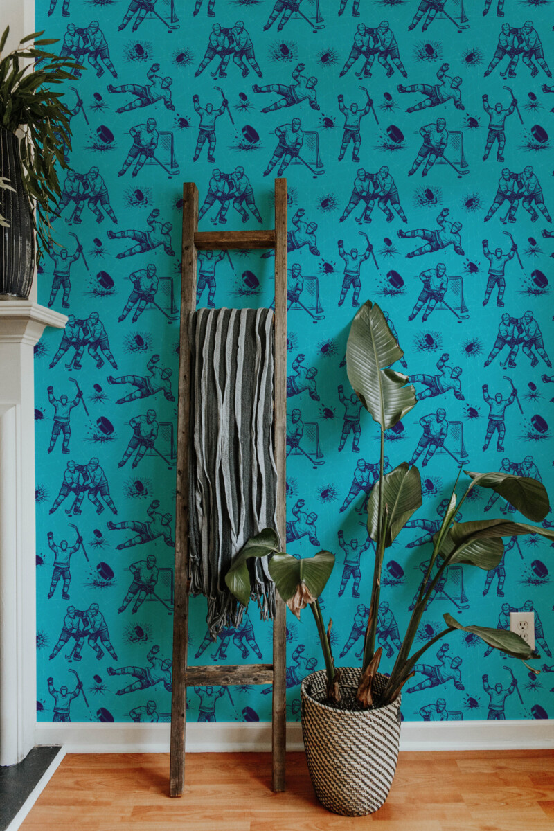 Ice Hockey Action peel and stick wallpaper with sketched hockey players and motion lines, great for kids room or playroom