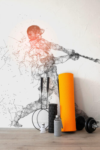 Geometric Fiery Baseball Swing mural wallpaper shows a polygon baseball player swinging across a full wall wall mural in a home gym corner.