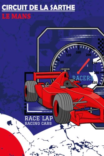 Le Mans Racing Car wallpaper mural with a red race car and speedometer graphic on a blue Circuit de la Sarthe poster-style background.