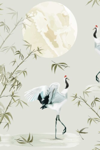 Chinoiserie scene of cranes in bamboo pond. Fancy Walls peel and stick or non-pasted PVC-free and eco-friendly wallpaper.