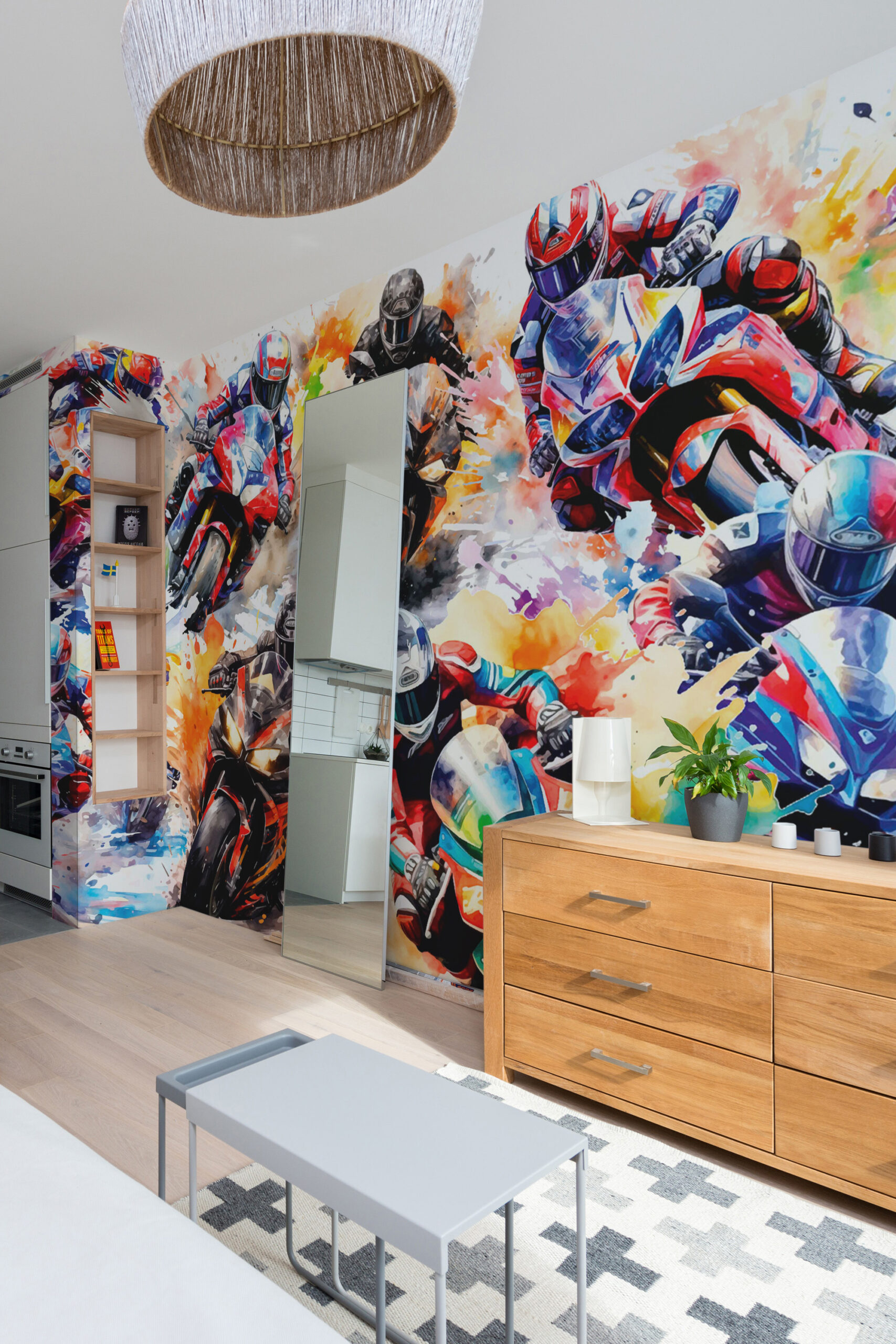 Abstract Moto Racing wall mural wrapping two kitchen walls with colorful racers in motion and paint-splash effects