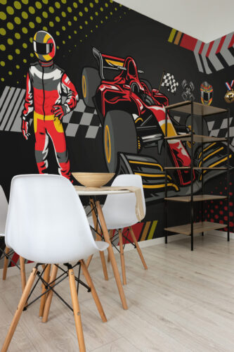 Red Formula Racing wall mural showing a red formula car and driver illustration across a full accent wall in a dining nook.