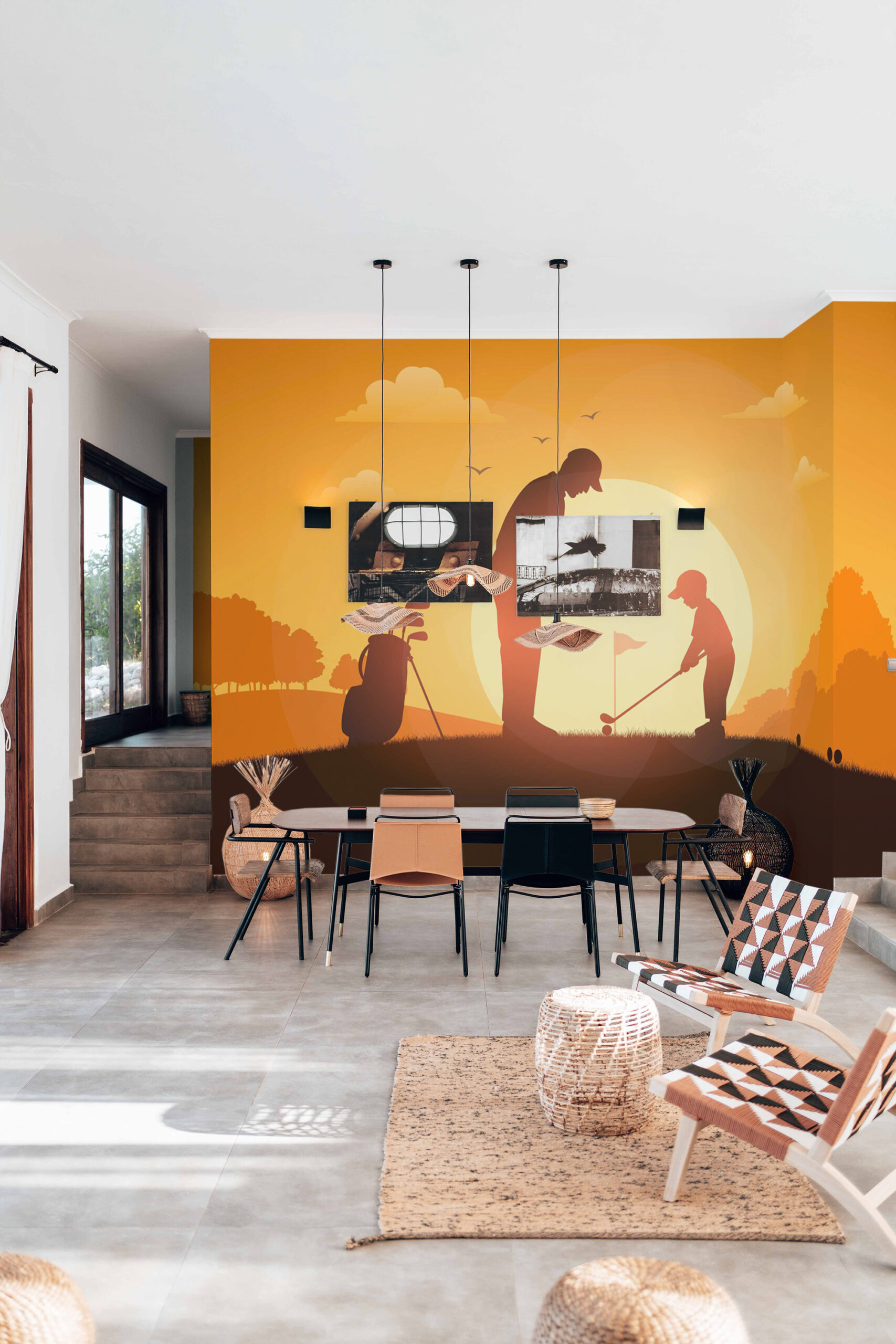 Sunset Family Golf wallpaper mural spanning a dining room wall with golfer silhouettes against an orange sunset sky.