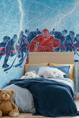 Electric Ice Hockey wallpaper mural in a bedroom, showing illustrated hockey players racing across an icy blue background.