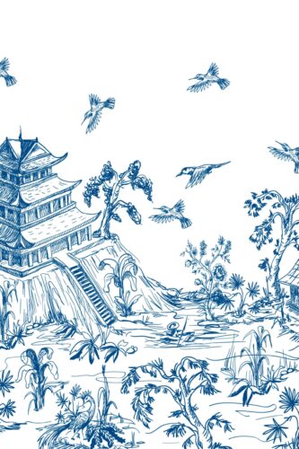 Blue Pagoda Garden wallpaper mural with blue line-art pagoda, garden plants, and flying birds on a white background.