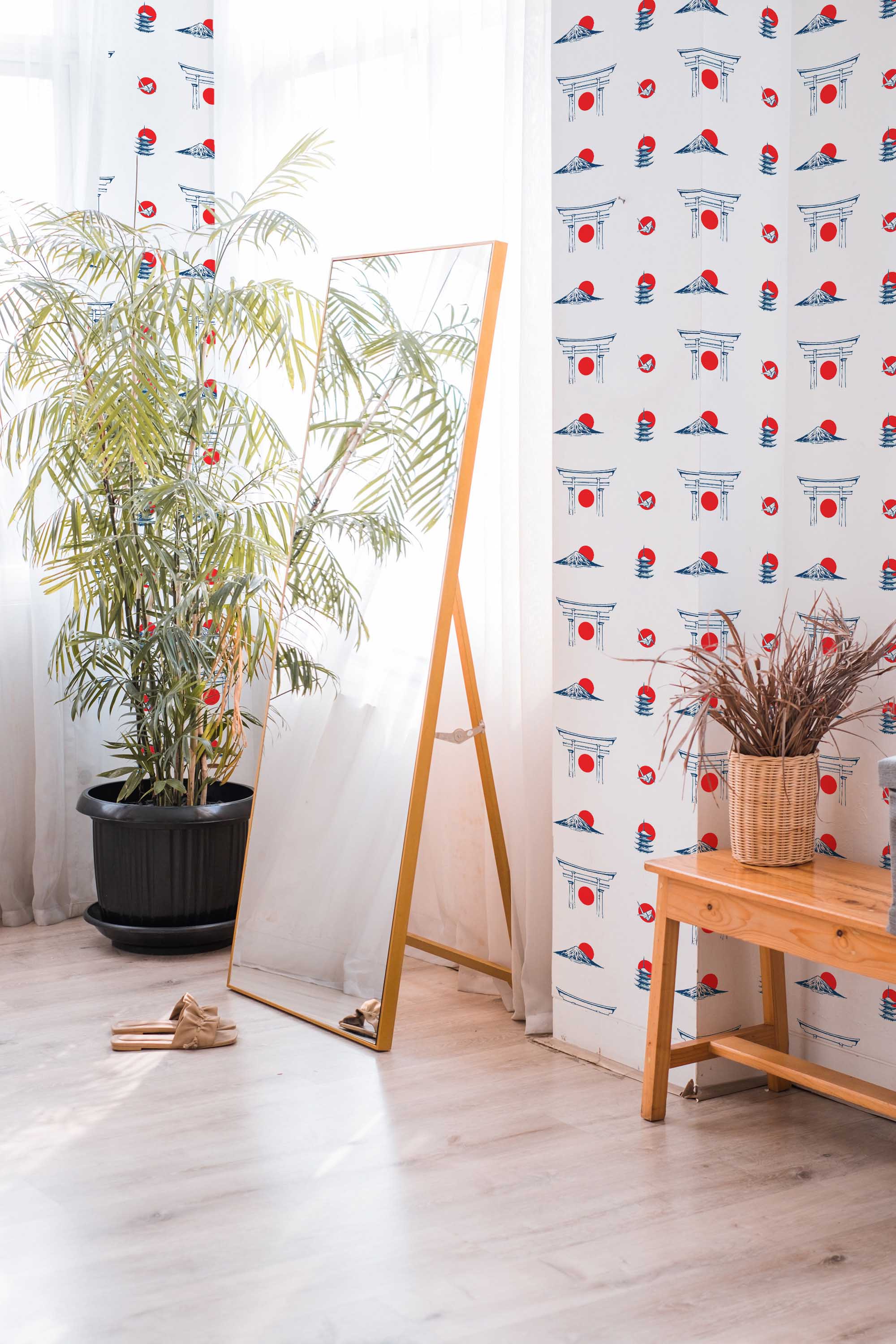 Japanese Culture elements by Fancy Walls peel and stick wallpaper with torii gates and Mount Fuji on white for playful interiors