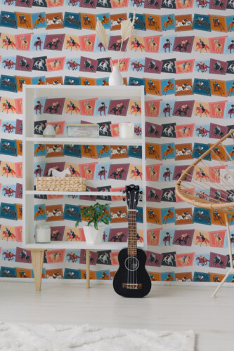 Modern Horse Racing traditional non-pasted wallpaper with geometric horses and riders, perfect for gaming room