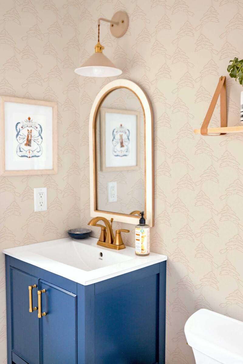 Self-adhesive Zen Pines wallpaper from Fancy Walls with soft beige tree and forest motif for modern neutral interiors