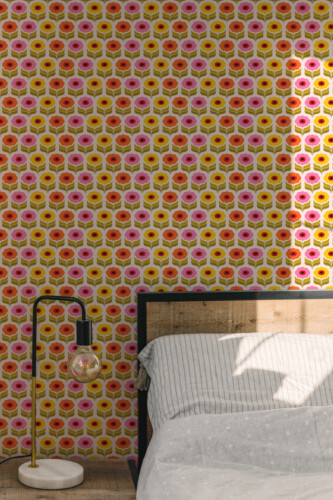 Nordic Pop Floral Wallpaper traditional non-pasted wallpaper with colorful retro blooms and soft neutral background, perfect for creative spaces