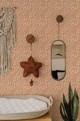 Self-adhesive wallpaper from Fancy Walls with subtle beige and brown botanical motif