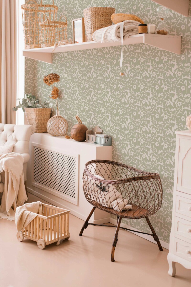Woodland Rabbit by Fancy Walls peel and stick wallpaper in sage green with soft woodland bunnies