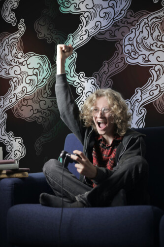 Smoky Line Illusion peel and stick wall mural with hand drawn smoke swirls and urban style, creating bold décor for gaming room