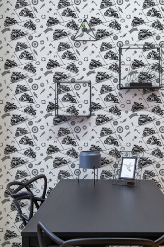 Sport Bike Racing peel and stick wallpaper with dynamic motorcycle illustrations and racing icons, great for kids room or playroom