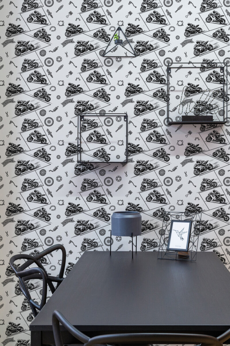 Sport Bike Racing peel and stick wallpaper with dynamic motorcycle illustrations and racing icons, great for kids room or playroom