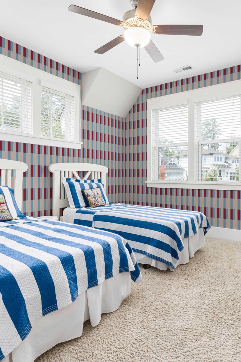Self-adhesive wallpaper from Fancy Walls with modern teen stripe pattern in gray burgundy and blue