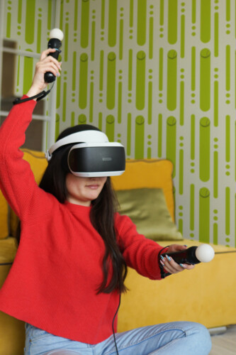 Tennis Court Stripe peel and stick wallpaper with vertical lines and tennis ball elements, great for kids room or playroom